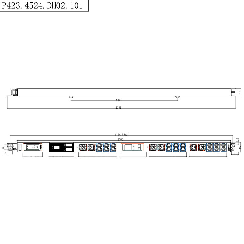 24 uitgangen 3 fasen IEC C13 en C19 Vergrendelbare stopcontacten 1,5U vloeibare magnetische stroomonderbreker Verticaal Hot-swappable RS485-meterrek PDU