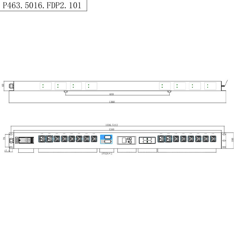 16 uitgangen IEC C13 IEC C19 afsluitbare contactdoos Met gesp uitgerust 2,5U Hot-swappable overspanningsbeveiliging Verticale Modbus-RTU RS485 Rack-PDU met meter