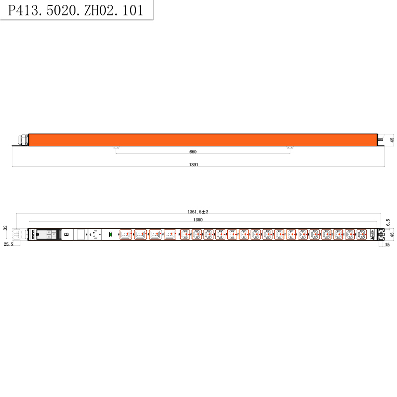 20 uitgangen IEC C13 IEC C19 afsluitbare stopcontacten 1U Hot-swappable indicator Verticale RS485 Rack-PDU met meter